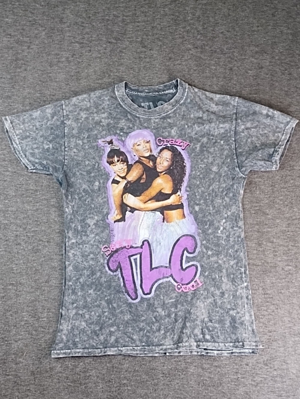 TLC Graphic Mineral-Wash Kids T-Shirt in Gray with Purple Print